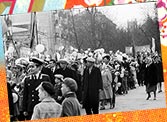 Фрагмент праздничной колонны во время первомайской демонстрации на Октябрьской площади г.Перми. 1965 г. ф/ф 50(н)104